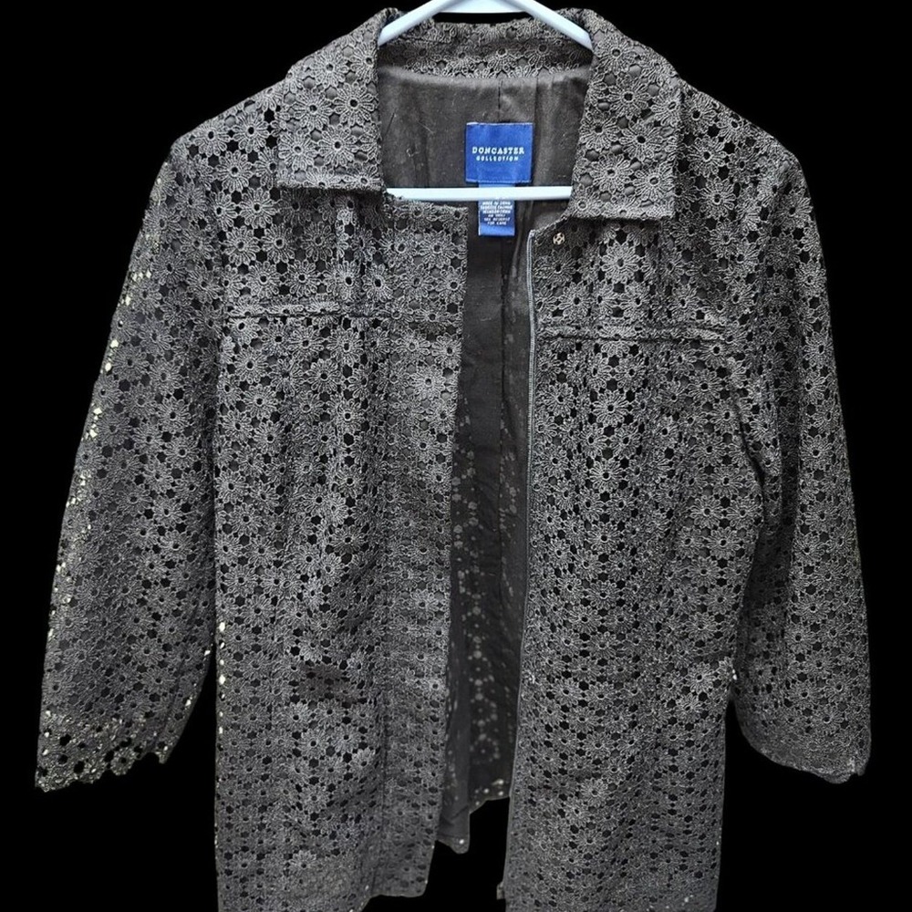 Doncaster Collection Floral Eyelet Lace Zip Front Jacket Charcoal Grey Womens 12